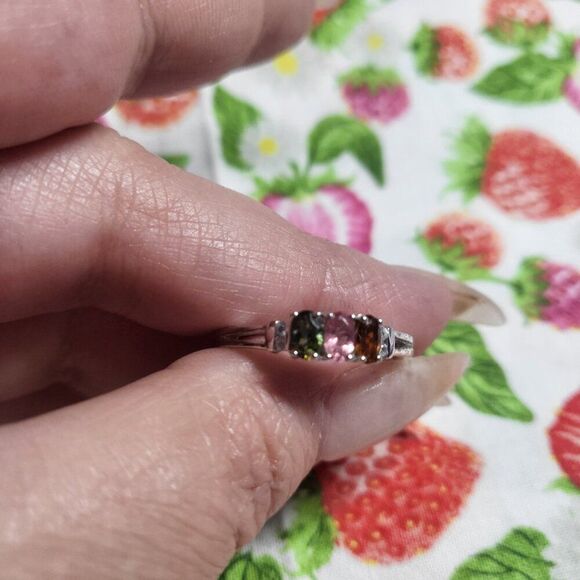 Multi-Tourmaline & White Zircon Trilogy Sterling Silver Ring - Picture 5 of 6